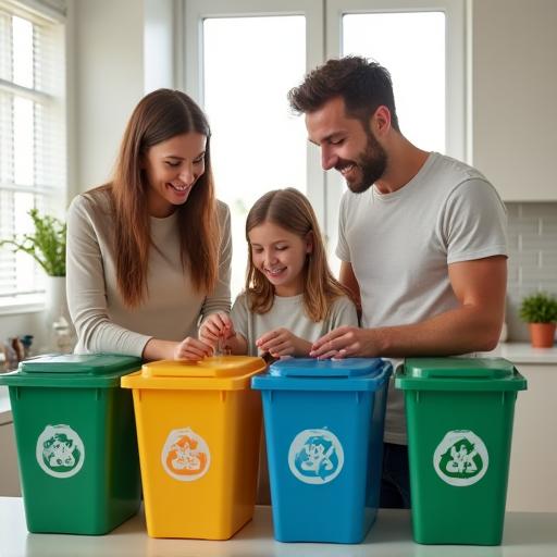 Familia clasificando residuos en casa con sistema de reciclaje